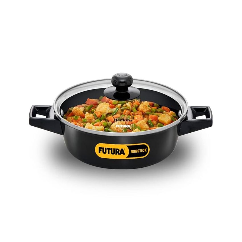 Hawkins Futura 2 Litre Cook N Serve Casserole, Non Stick Saucepan with Glass Lid, Induction Sauce Pan for Cooking and Serving, Black (Incb20G), 2 Liter