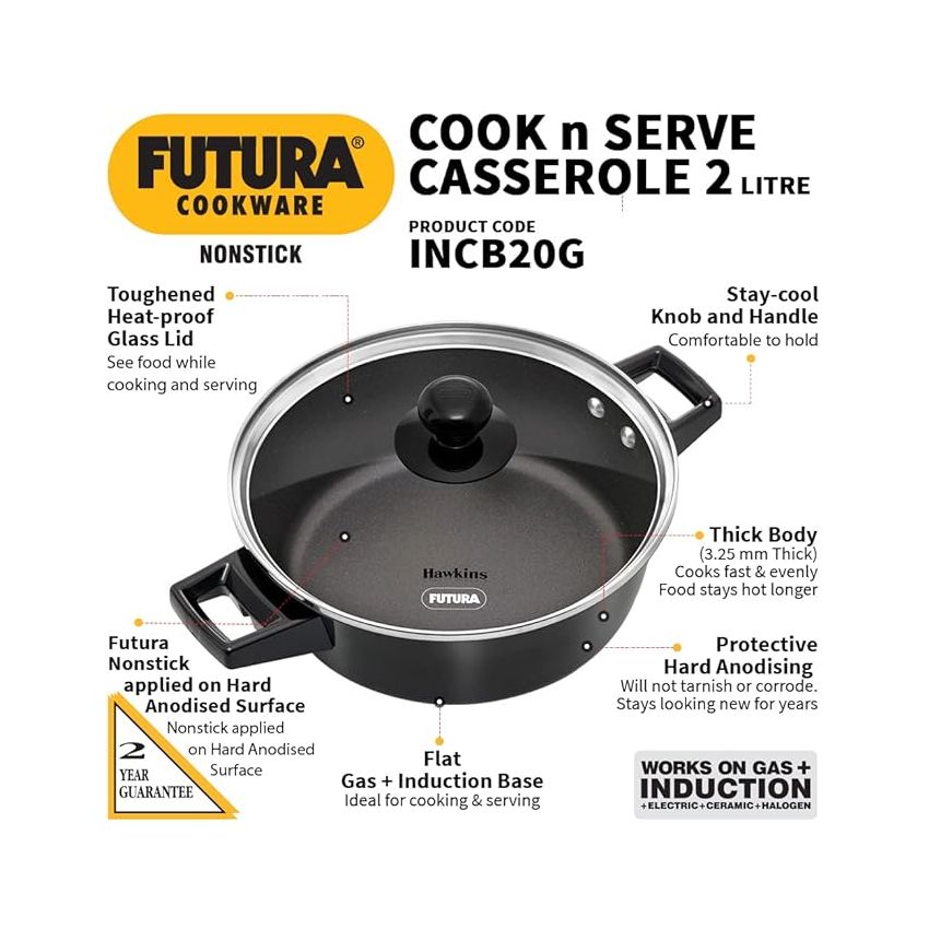 Hawkins Futura 2 Litre Cook N Serve Casserole, Non Stick Saucepan with Glass Lid, Induction Sauce Pan for Cooking and Serving, Black (Incb20G), 2 Liter