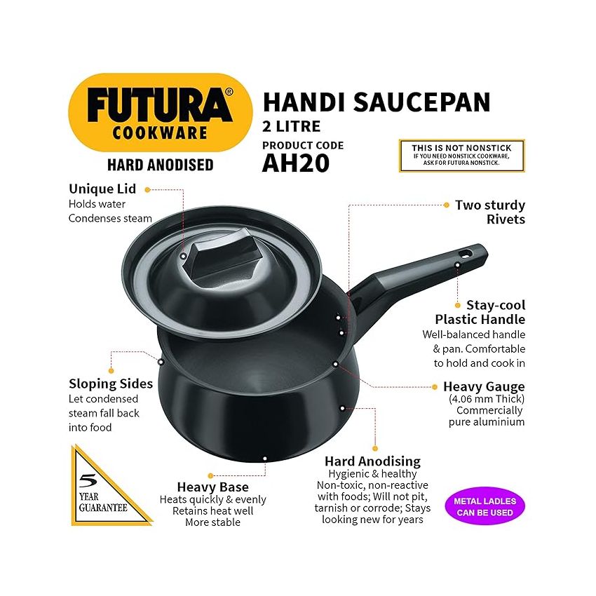 Futura Hard Anodised Handi (Saucepan) 2 L, 18 cm, 4.06 mm with Single Handle