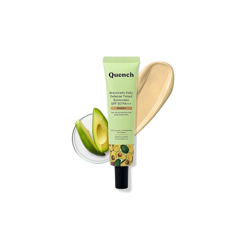 Quench Daily Defense Tinted Sunscreen SPF 50 PA+++ for Glowing Skin with Avocado & 2% Niacinamide | Blue Light Protection | Satin-Matte Finish | Made in Korea (Light, 50ml)