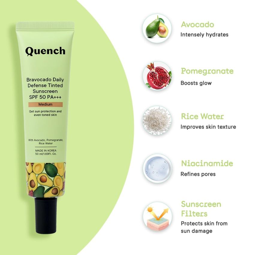Quench Daily Defense Tinted Sunscreen SPF 50 PA+++ for Glowing Skin with Avocado & 2% Niacinamide | Blue Light Protection | Satin-Matte Finish | Made in Korea (Light, 50ml)