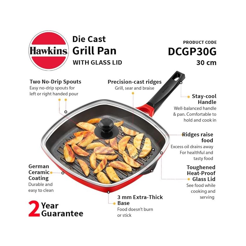 Hawkins 30 cm Grill Pan, Non Stick Die Cast Grilling Pan with Glass Lid, Square Grill Pan for Gas Stove, Ceramic Coated Pan, Roast Pan (DCGP30G) (Red)