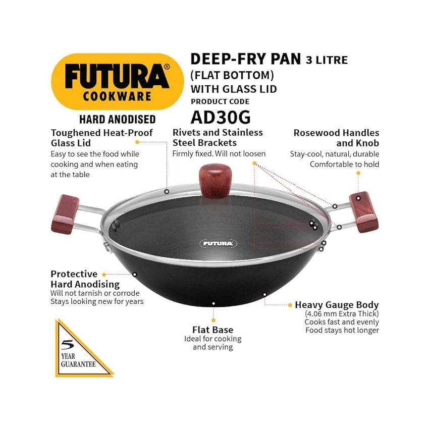 Hawkins Futura 3 Litre Deep Fry Pan, Hard Anodised Kadai with Glass Lid, Flat Bottom Kadhai, Black (AD30G)