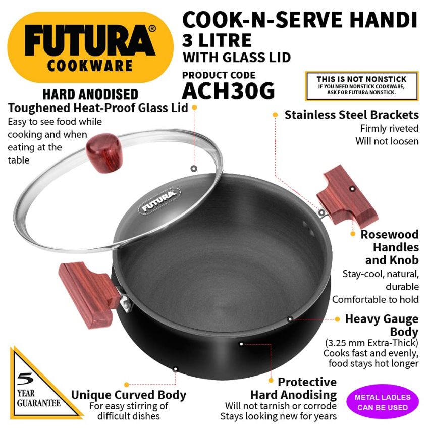 Hawkins Futura 3 Litre Cook N Serve Handi, Hard Anodised Biryani Handi With Glass Lid Non-Stick Saucepan, Sauce Pan, Black (Ach30G)