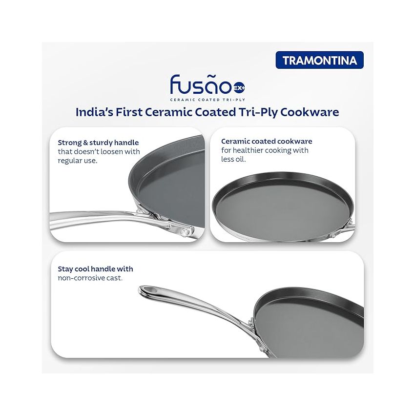TRAMONTINA Fusao Healthy Triply Ceramic 30cm Dosa Tawa 4mm Thick | Non Toxic (PFAS/PTFE/PFOA Free) | Uttapam Tawa |Roti Tawa |Parantha | Induction Friendly |Stay Cool Handle I 10 Year Warranty*