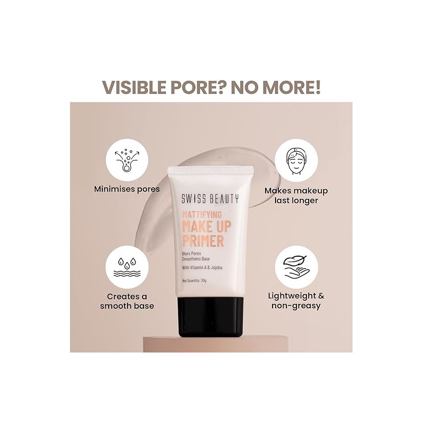 Swiss Beauty Mattifying Makeup Primer | Oil-Free Shine | Minimises Pores | Long-Lasting Base | All skin Types, 30gm