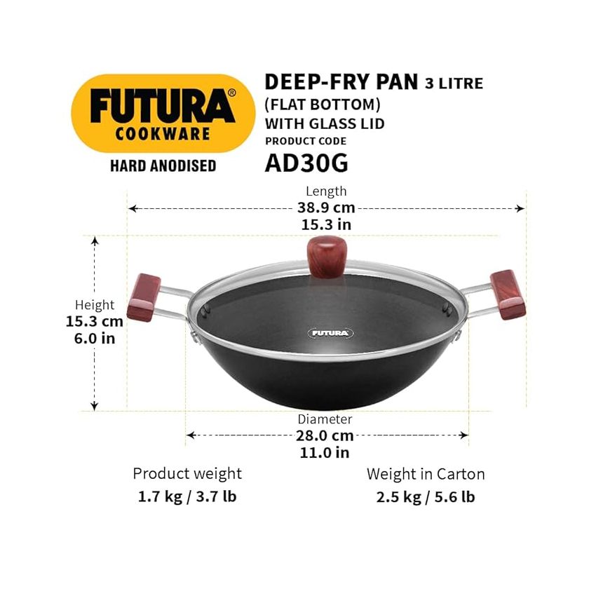 Hawkins Futura 3 Litre Deep Fry Pan, Hard Anodised Kadai with Glass Lid, Flat Bottom Kadhai, Black (AD30G)