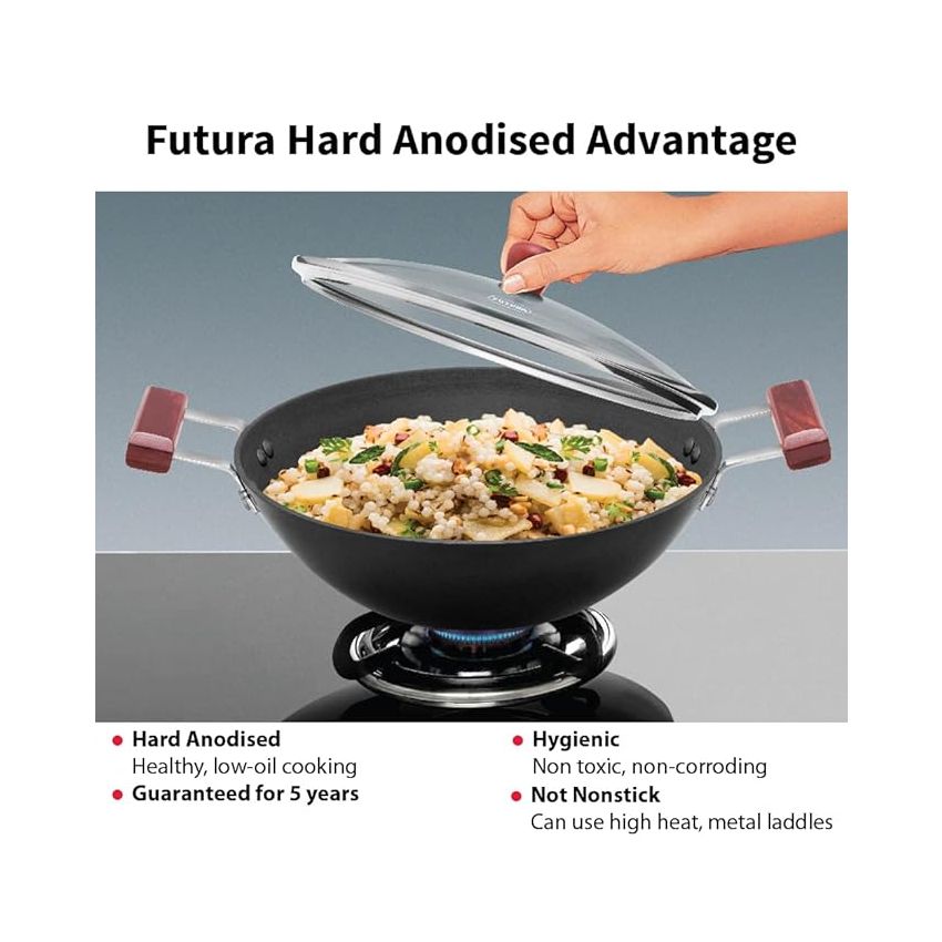 Hawkins Futura 3 Litre Deep Fry Pan, Hard Anodised Kadai with Glass Lid, Flat Bottom Kadhai, Black (AD30G)