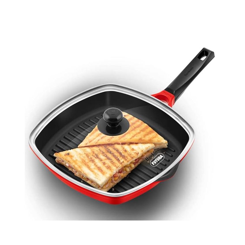 Hawkins 30 cm Grill Pan, Non Stick Die Cast Grilling Pan with Glass Lid, Square Grill Pan for Gas Stove, Ceramic Coated Pan, Roast Pan (DCGP30G) (Red)