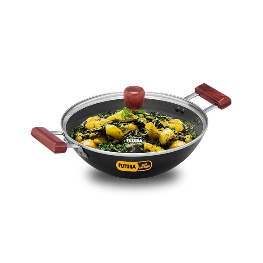 Hawkins Futura 3 Litre Deep Fry Pan, Hard Anodised Kadai with Glass Lid, Flat Bottom Kadhai, Black (AD30G)