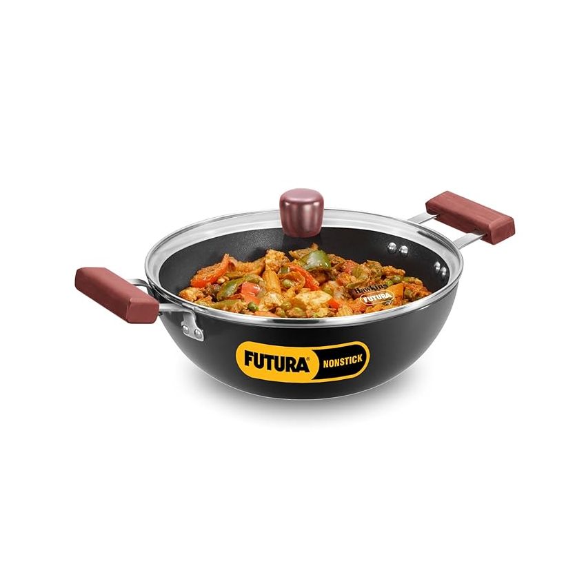 Hawkins Futura 3 Litre Deep Kadhai, Non Stick Kadai with Glass Lid, Flat Bottom Induction Kadhai, Black (INK30G)