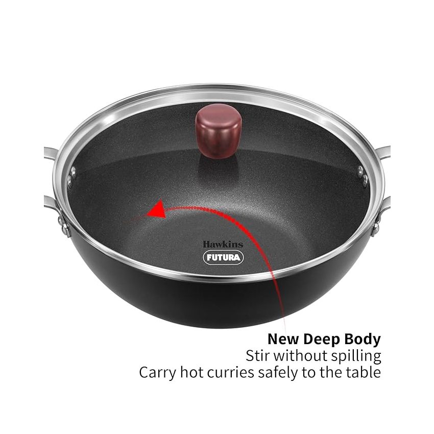 Hawkins Futura 3 Litre Deep Kadhai, Non Stick Kadai with Glass Lid, Flat Bottom Induction Kadhai, Black (INK30G)