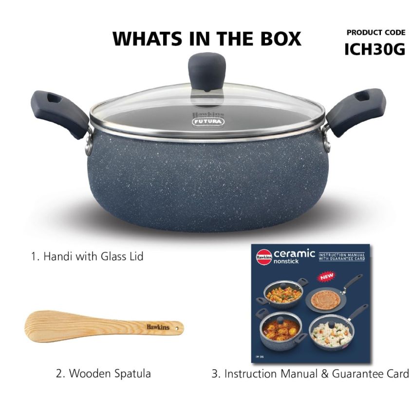 Hawkins Ceramic Nonstick Handi with Glass Lid, 3 Litre, Induction Biryani Pot, Granite Casserole (ICH30G)