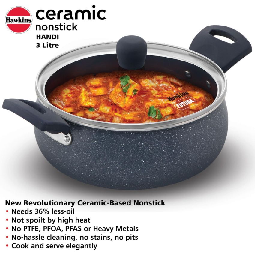 Hawkins Ceramic Nonstick Handi with Glass Lid, 3 Litre, Induction Biryani Pot, Granite Casserole (ICH30G)