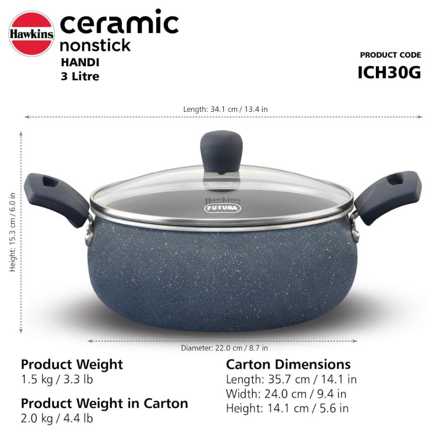 Hawkins Ceramic Nonstick Handi with Glass Lid, 3 Litre, Induction Biryani Pot, Granite Casserole (ICH30G)