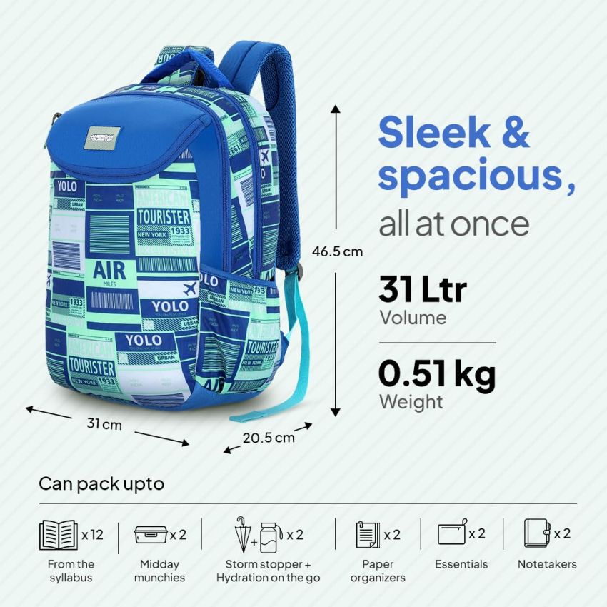American Tourister Mist (Style 4), 31L Volume Backpack with an Add-on Rain Cover & Front Organizer, for Men & Women - BLUE/MINT