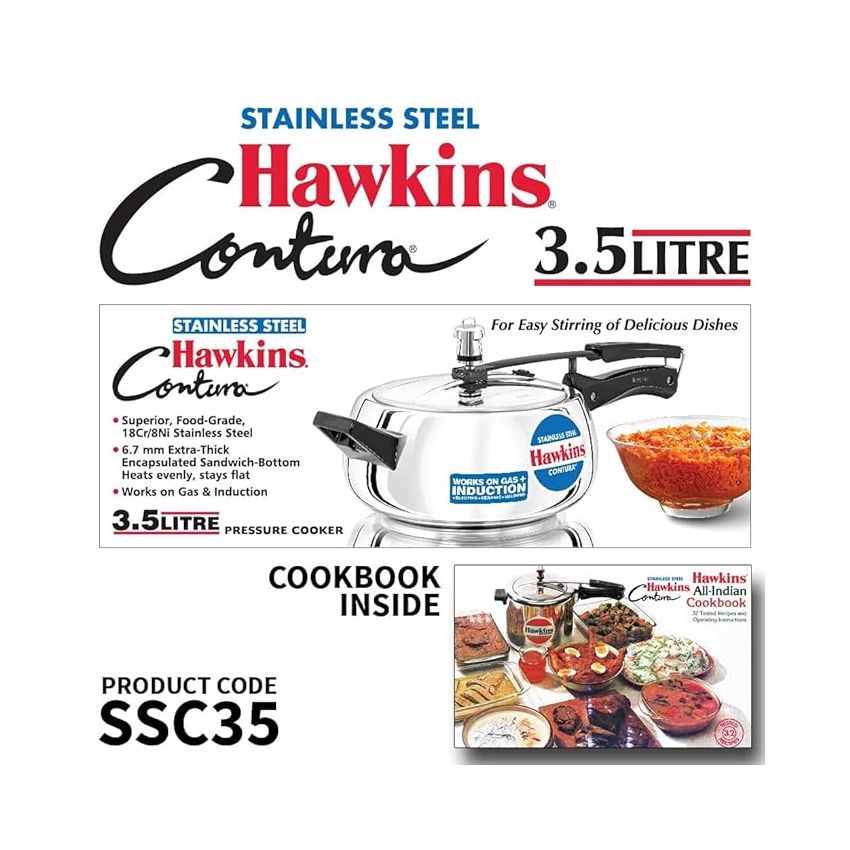 Hawkins 3.5 Litre Contura Pressure Cooker, Stainless Steel Inner Lid Cooker, Handi Cooker, Induction Cooker, Silver (SSC35)
