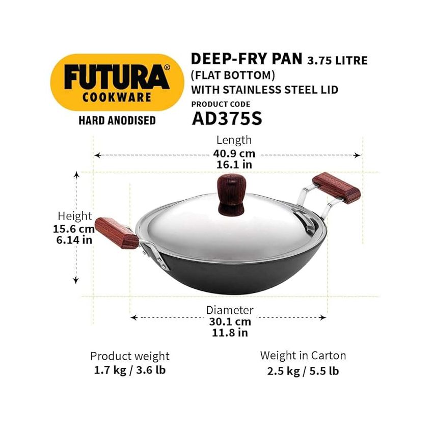 Hawkins Futura 3.75 Litre Deep-Fry Pan, Hard Anodised Kadhai with Glass Lid, Induction Frying Pan, Black (IAD375G)