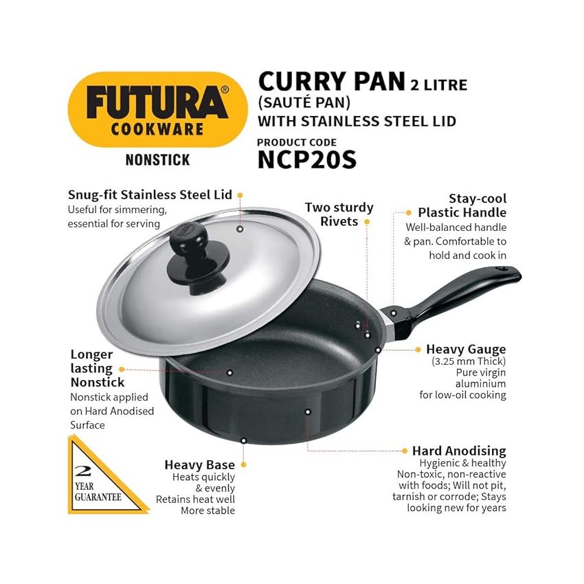 Hawkins Futura Nonstick Curry Pan (Saute Pan) 2 L, 20 cm, 3.25 mm with Glass Lid (Black)