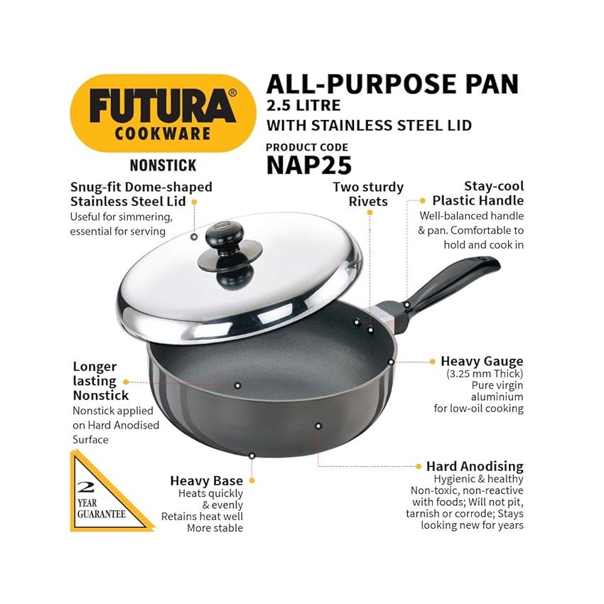 Hawkins Futura Nonstick All-Purpose Pan 2.5L, 22 cm, 3.25 mm with SS lid