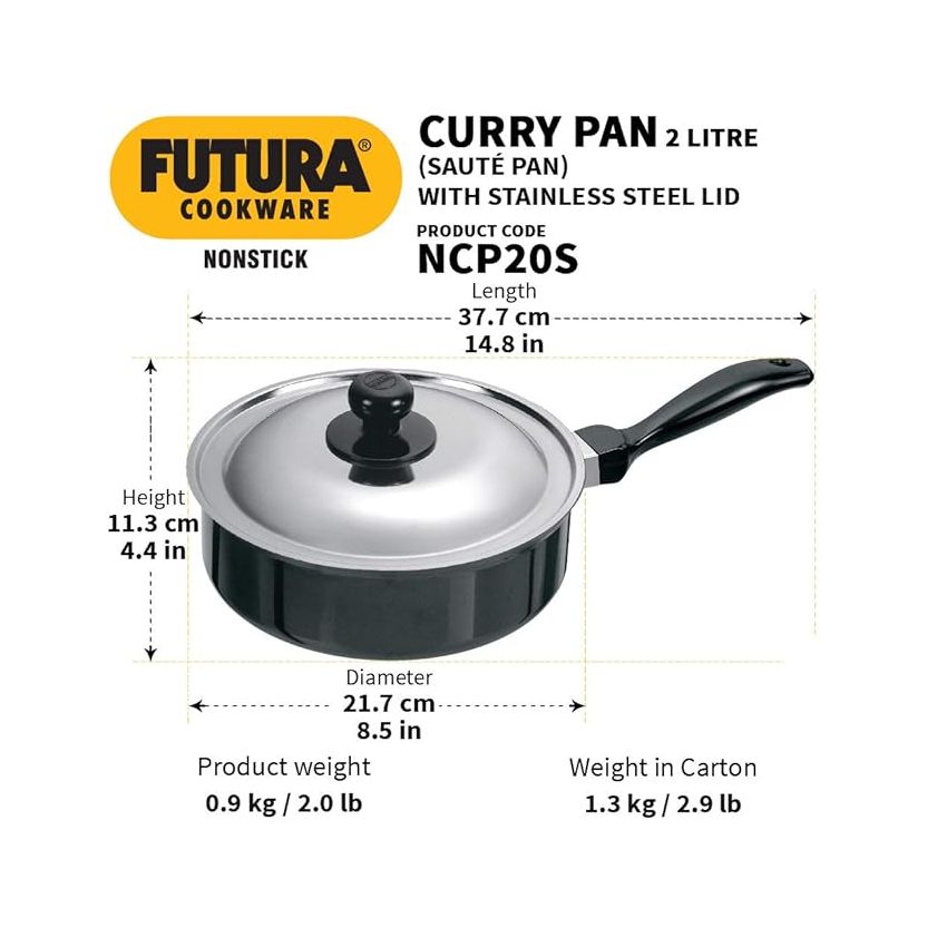 Hawkins Futura Nonstick Curry Pan (Saute Pan) 2 L, 20 cm, 3.25 mm with Glass Lid (Black)