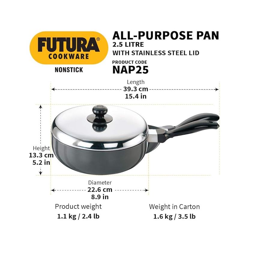 Hawkins Futura Nonstick All-Purpose Pan 2.5L, 22 cm, 3.25 mm with SS lid