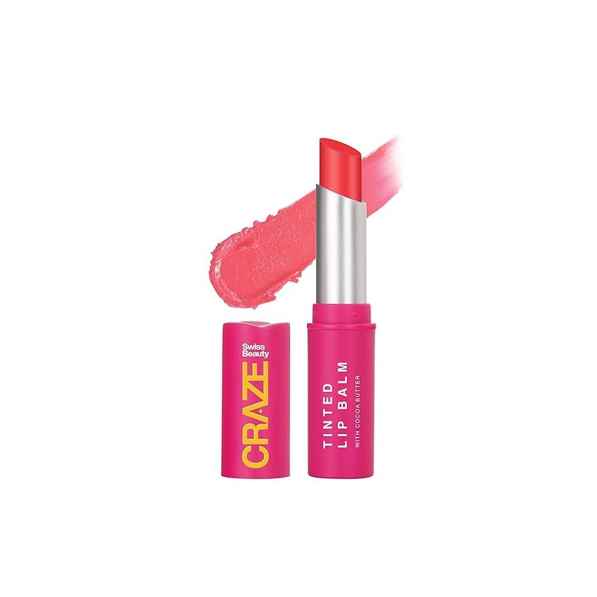 SWISS BEAUTY Craze Tinted Lightweight Sheer Lip Balm | Lip Protection And Lip Nourishment With Cocoa Butter | Shade- Coral Pink, 3.2G