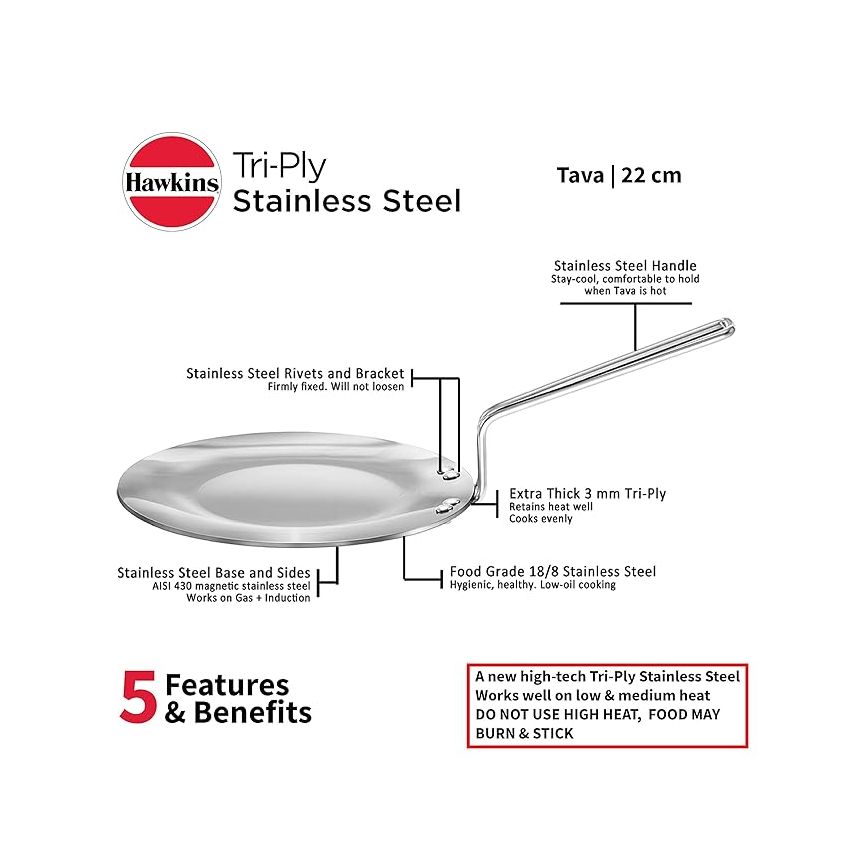 Hawkins Tri-Ply Stainless Steel Tava 22 cm, 3.5mm Induction Compatible