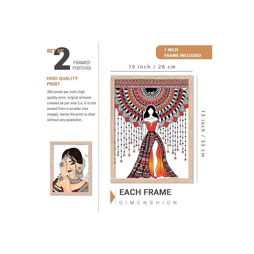 kotart Indian Woman Digital Painting with Frame for Home Decoration - Traditional Painting for Living Room Bedroom Office Room Wall Decor - Pack of 2 (Medium, Modern Art Painting, Design03)