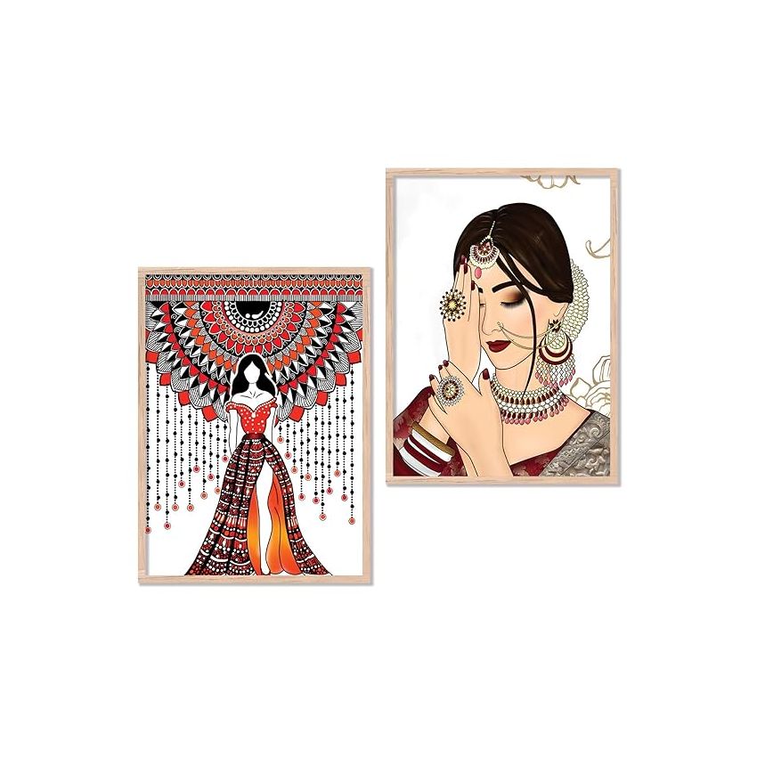 kotart Indian Woman Digital Painting with Frame for Home Decoration - Traditional Painting for Living Room Bedroom Office Room Wall Decor - Pack of 2 (Medium, Modern Art Painting, Design03)