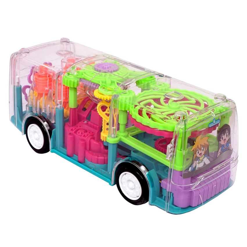 Cable World Transparent 3D Bus Toy 360 Degree Rotation, Gear Simulation Mechanical Bus Sound and Light Toy for 2-5 Years Boys and Girls