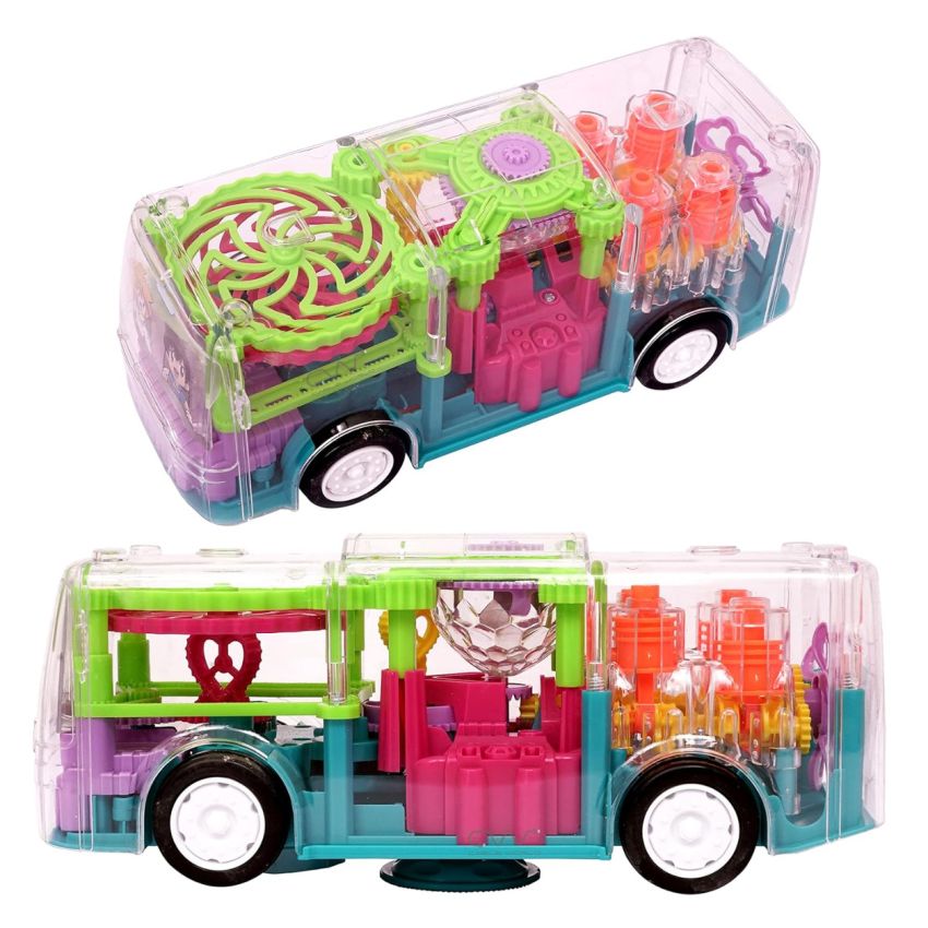 Cable World Transparent 3D Bus Toy 360 Degree Rotation, Gear Simulation Mechanical Bus Sound and Light Toy for 2-5 Years Boys and Girls