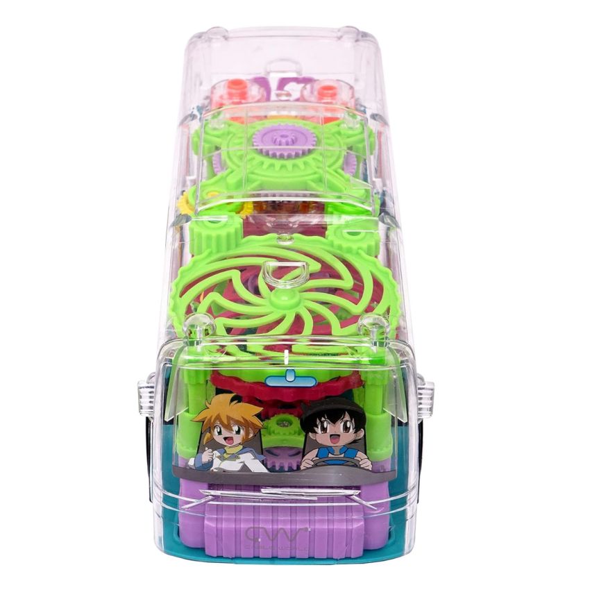 Cable World Transparent 3D Bus Toy 360 Degree Rotation, Gear Simulation Mechanical Bus Sound and Light Toy for 2-5 Years Boys and Girls