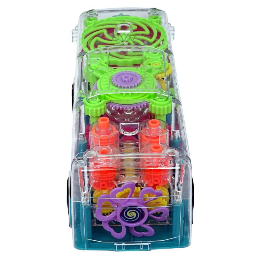 Cable World Transparent 3D Bus Toy 360 Degree Rotation, Gear Simulation Mechanical Bus Sound and Light Toy for 2-5 Years Boys and Girls