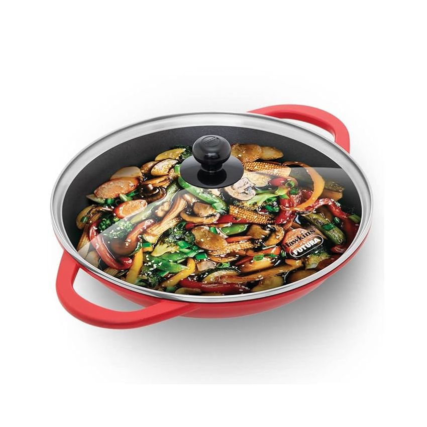 Hawkins 3 Litre Shallow Kadhai, Die Cast Non Stick Frying Pan with Glass Lid, Ceramic Coated Pan, Induction Shallow Frying Pan, Frying Pan, Red (IDCSK3G)