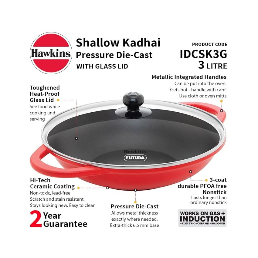 Hawkins 3 Litre Shallow Kadhai, Die Cast Non Stick Frying Pan with Glass Lid, Ceramic Coated Pan, Induction Shallow Frying Pan, Frying Pan, Red (IDCSK3G)