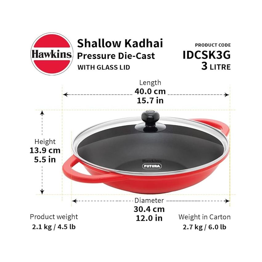 Hawkins 3 Litre Shallow Kadhai, Die Cast Non Stick Frying Pan with Glass Lid, Ceramic Coated Pan, Induction Shallow Frying Pan, Frying Pan, Red (IDCSK3G)