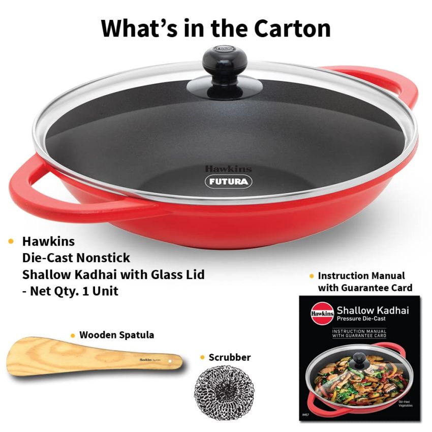 Hawkins 3 Litre Shallow Kadhai, Die Cast Non Stick Frying Pan with Glass Lid, Ceramic Coated Pan, Induction Shallow Frying Pan, Frying Pan, Red (IDCSK3G)