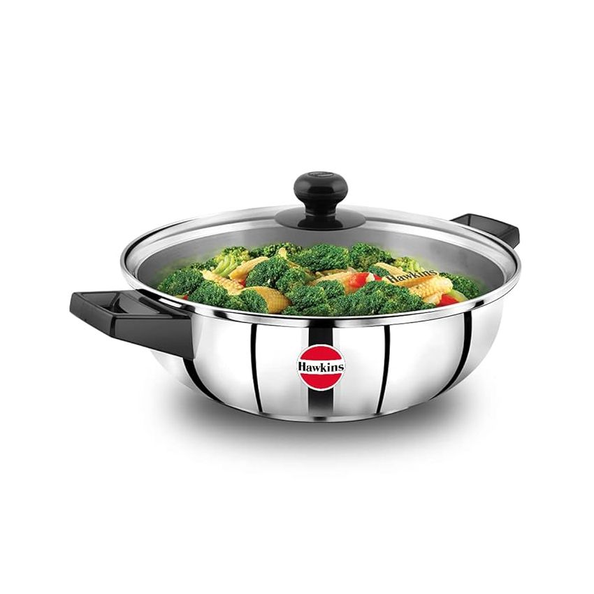 Hawkins 3 Litre Cook n Serve Frying Pan, Stainless Steel Fry Pan with Glass Lid, Induction Frying Pan, Frypan for Cooking and Serving, Silver (SSF3LG)