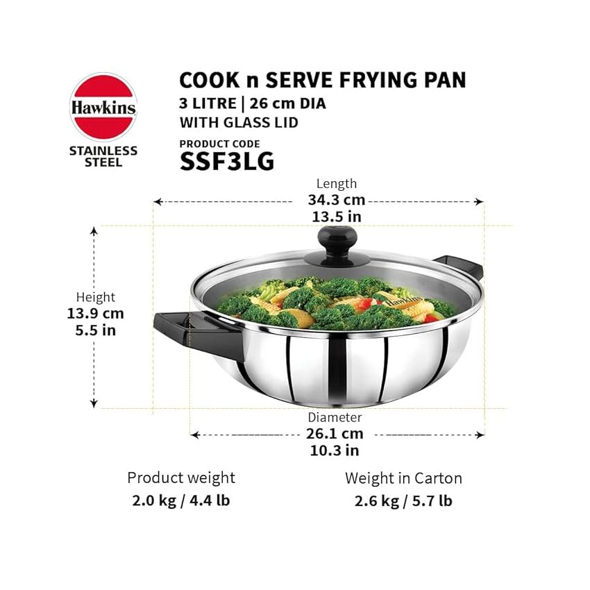 Hawkins 3 Litre Cook n Serve Frying Pan, Stainless Steel Fry Pan with Glass Lid, Induction Frying Pan, Frypan for Cooking and Serving, Silver (SSF3LG)