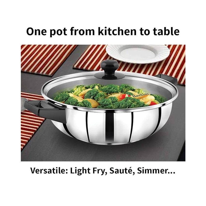 Hawkins 3 Litre Cook n Serve Frying Pan, Stainless Steel Fry Pan with Glass Lid, Induction Frying Pan, Frypan for Cooking and Serving, Silver (SSF3LG)