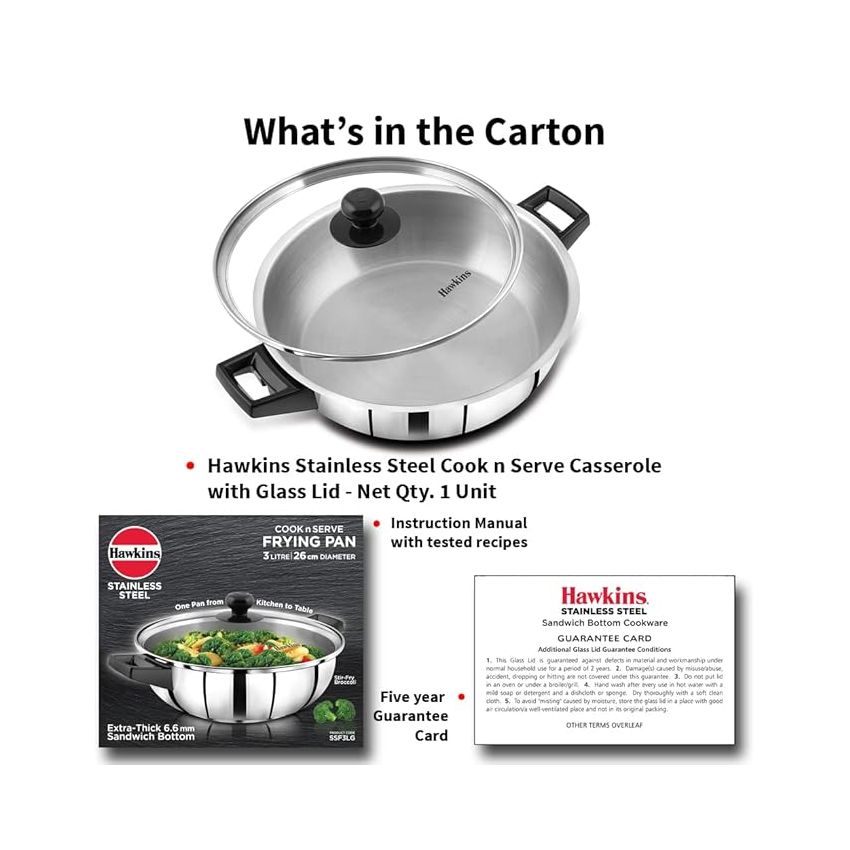 Hawkins 3 Litre Cook n Serve Frying Pan, Stainless Steel Fry Pan with Glass Lid, Induction Frying Pan, Frypan for Cooking and Serving, Silver (SSF3LG)