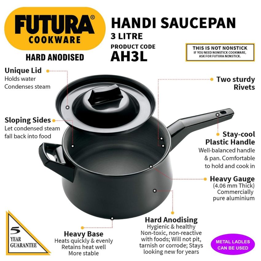 Hawkins Futura 3 Litre Handi, Hard Anodised Sauce Pan and Lid, Saucepan with a Short and a Long Handle, Biryani Handi, Black (AH3L)