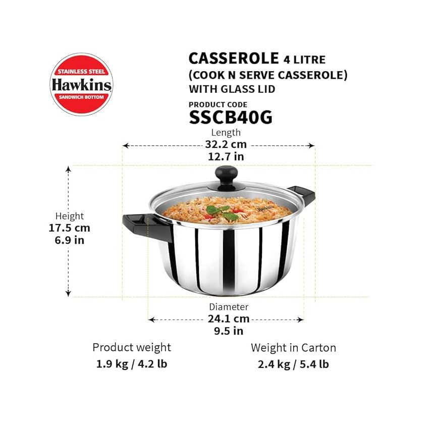Hawkins 4 Litre Cook n Serve Casserole, Stainless Steel Saucepan with Glass Lid, Induction Pan, Sauce Pan for Cooking and Serving, Black (SSCB40G)
