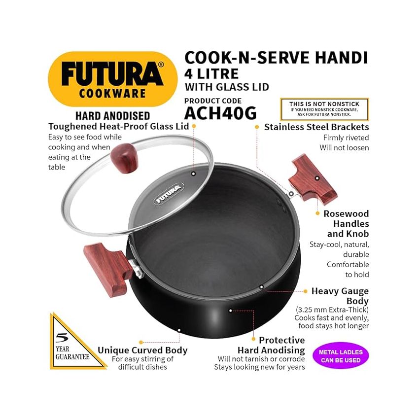 Hawkins Futura 4 Litre Cook n Serve Handi, Hard Anodised Biryani Handi with Glass Lid, Saucepan, Sauce Pan, Black (ACH40G)