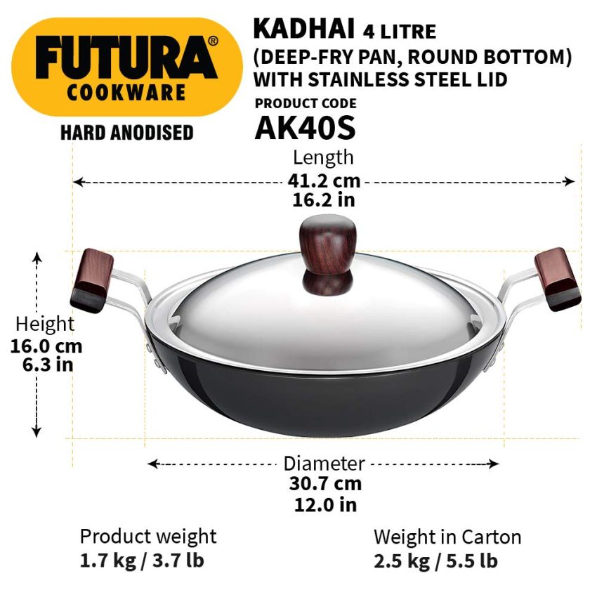 Hawkins Futura 7.5 Litre Deep Fry Pan, Hard Anodised Kadai with Stainless Steel Lid, Flat Bottom Kadhai, Big Kadai, Black (AD75S)
