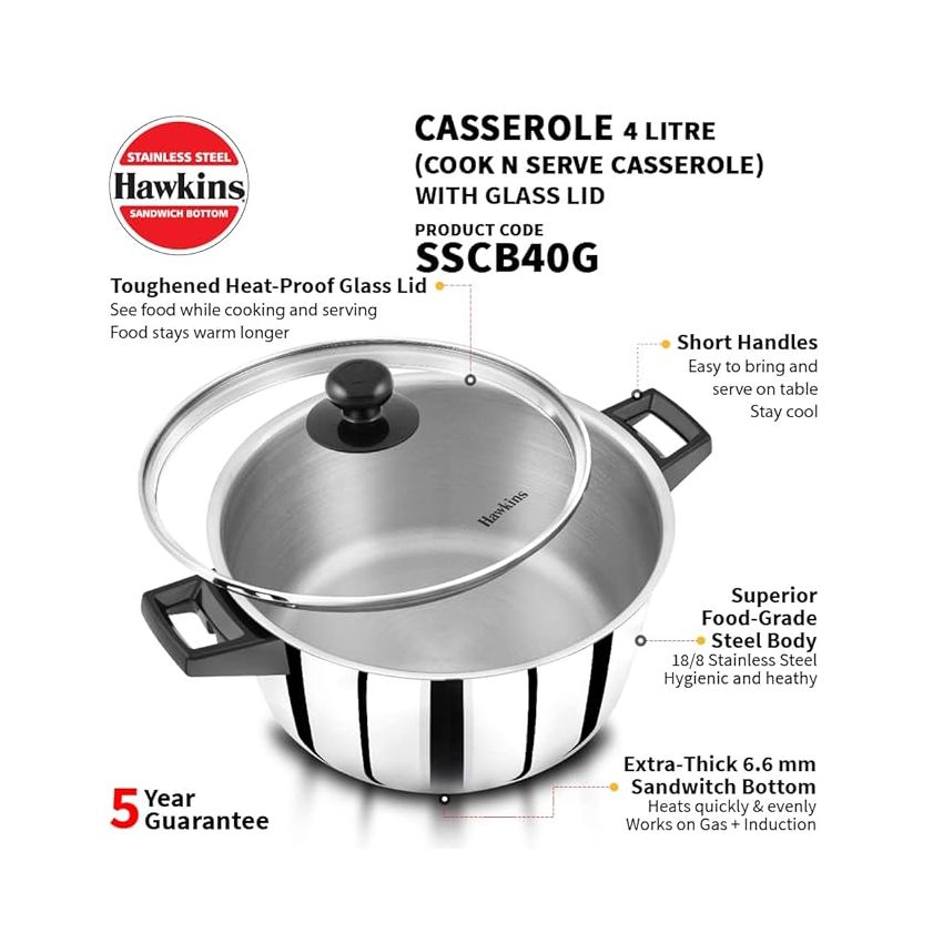 Hawkins 4 Litre Cook n Serve Casserole, Stainless Steel Saucepan with Glass Lid, Induction Pan, Sauce Pan for Cooking and Serving, Black (SSCB40G)