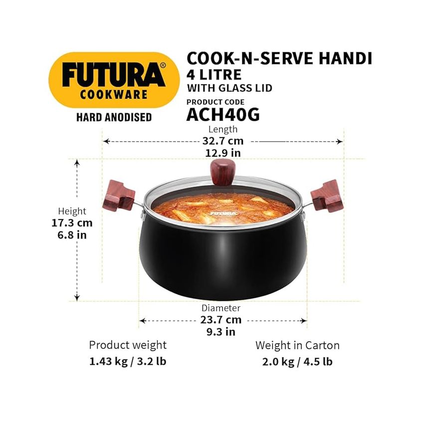 Hawkins Futura 4 Litre Cook n Serve Handi, Hard Anodised Biryani Handi with Glass Lid, Saucepan, Sauce Pan, Black (ACH40G)