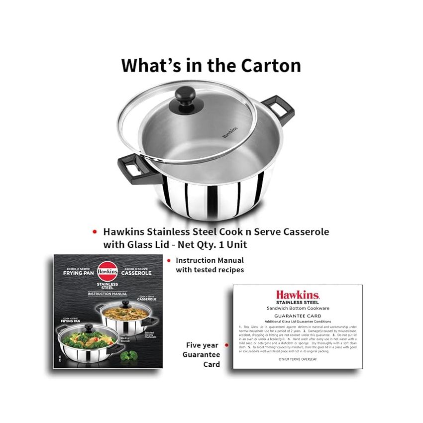 Hawkins 4 Litre Cook n Serve Casserole, Stainless Steel Saucepan with Glass Lid, Induction Pan, Sauce Pan for Cooking and Serving, Black (SSCB40G)