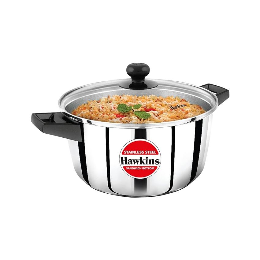 Hawkins 4 Litre Cook n Serve Casserole, Stainless Steel Saucepan with Glass Lid, Induction Pan, Sauce Pan for Cooking and Serving, Black (SSCB40G)